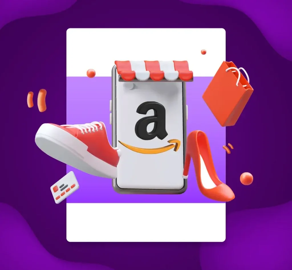 Illustration of Amazon account management by Digi Ark Tech, featuring a mobile device with the Amazon logo and various shopping elements like shoes and a shopping bag.