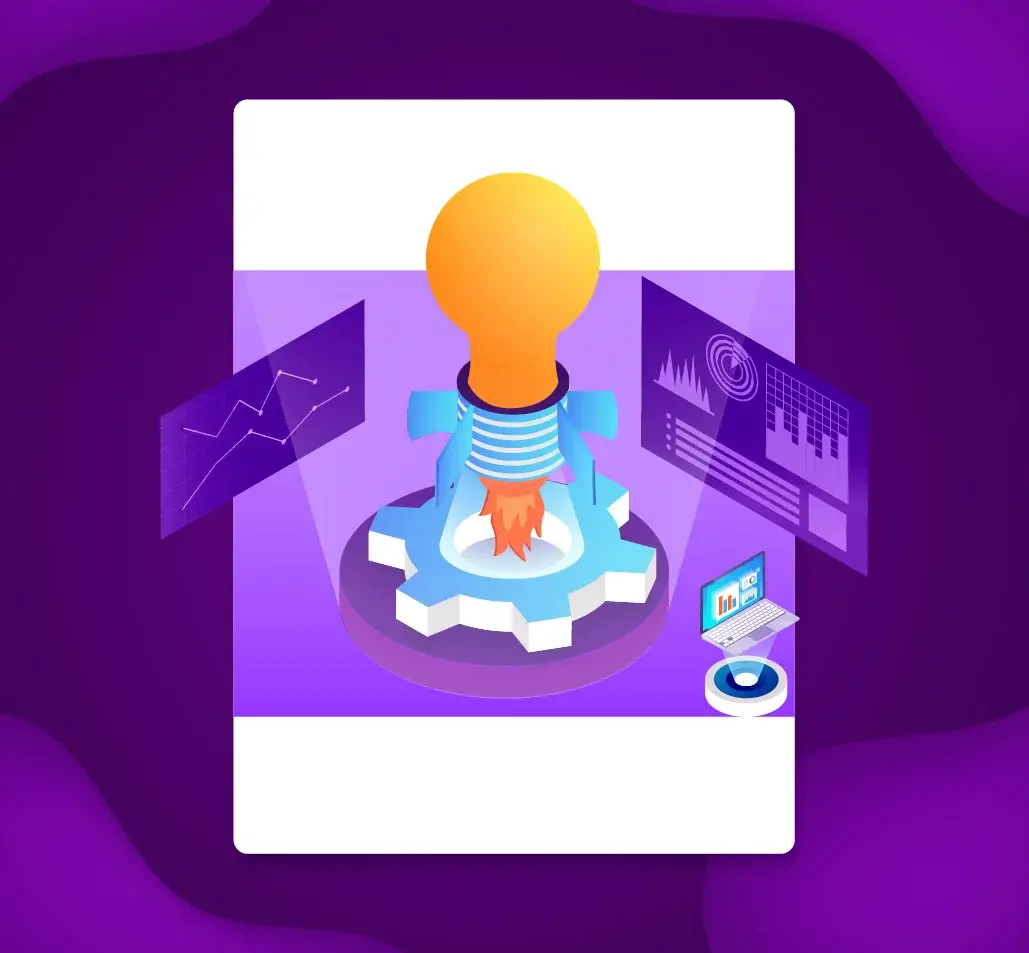 Illustration of productive business solutions by Digi Ark Tech, featuring a rocket launching from a gear with analytical charts and a laptop.