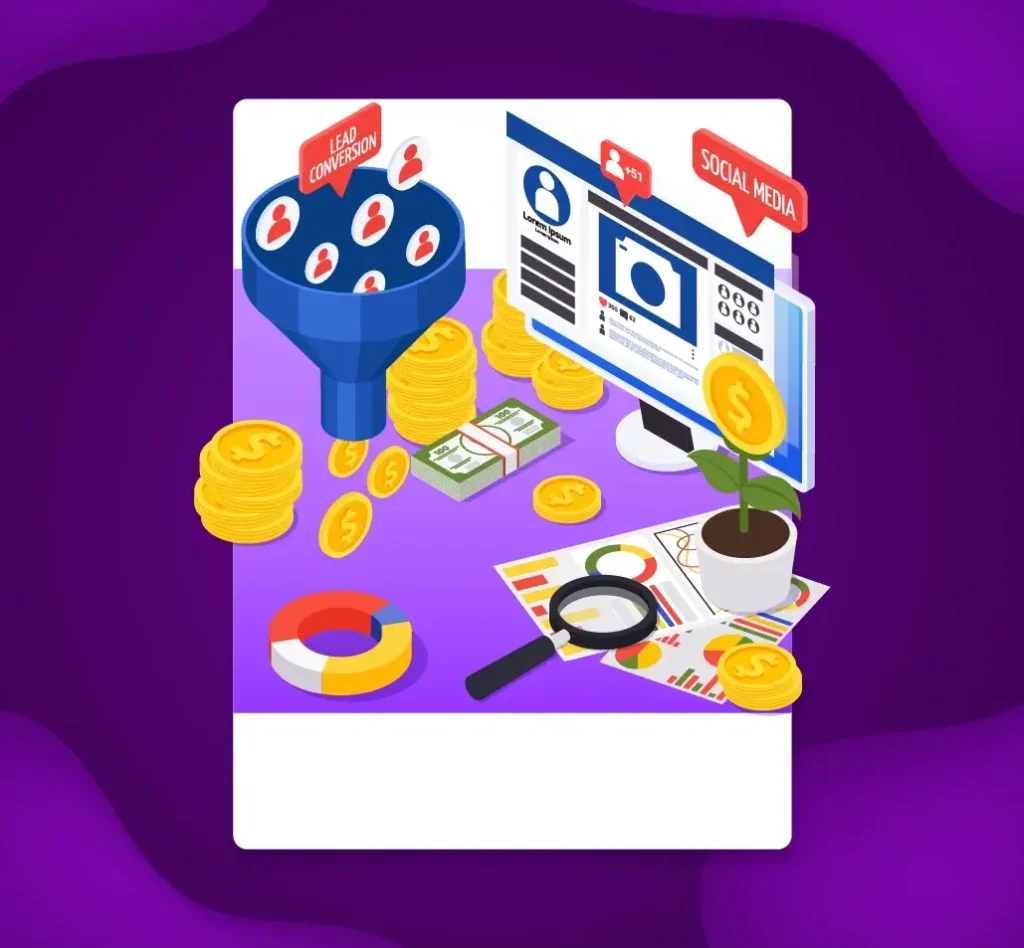 Illustration of CRO services by Digi Ark Tech, featuring lead conversion funnel, social media, and financial growth elements.