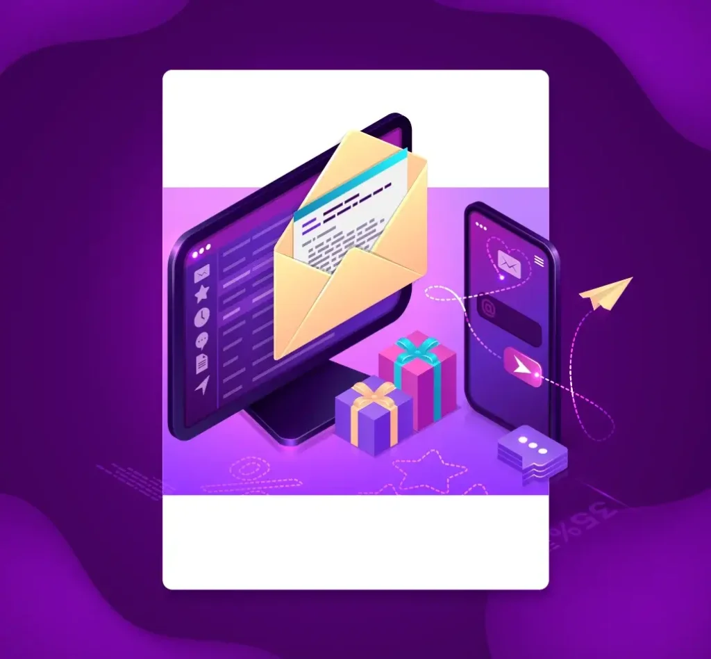Illustration of email marketing by Digi Ark Tech, featuring a desktop and smartphone with an email envelope, gifts, and paper airplanes.